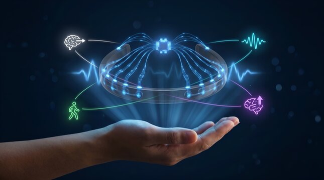 Futuristic neural interface technology, glowing brain computer interface hologram on hand, advanced neurotechnology and medical biotechnology concept