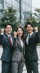 Obraz premium Victory Vibe: A triumphant trio of Asian business professionals in sharp suits strike a confident pose, fists pumped in the air, radiating success and determination outside a modern office building.