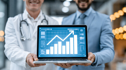 Fototapeta premium Healthcare Growth Strategy: A doctor in a white coat and a businessman in a suit jointly present a laptop displaying a rising bar graph and arrow.