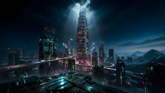 Self-evolving algorithm city made of glowing circuits, cyber landscape, ultra detail
