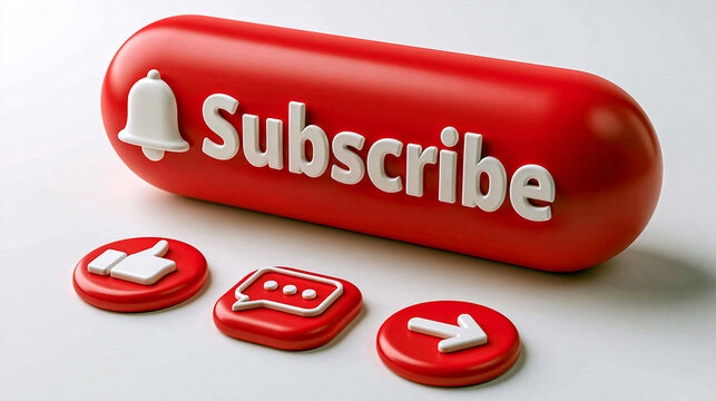 Subscribe Button and Icons: A 3D rendered red subscribe button with a notification bell symbol and accompanying like, comment, and share icons, representing social media engagement and channel growth.