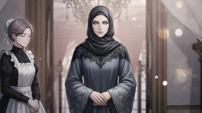 Digital Art Illustration of a Stern Muslim Woman in a Black Lace Hijab and Gown Standing in a Luxury Room with a Maid in the Background