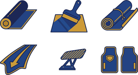 Set of blue and gold icons representing flooring car mats and gymnastics equipment flat vector design elements for web and print © Hafizbro