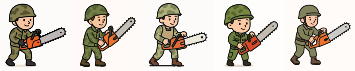 Fototapeta premium Set of vector illustrations of soldiers holding chainsaws.