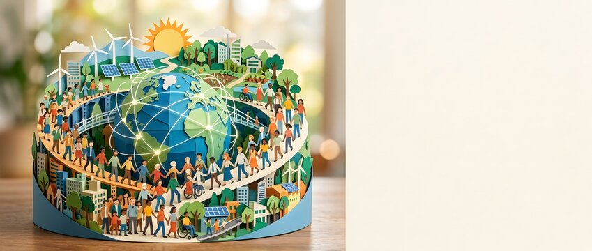 Paper art globe with diverse people holding hands for global unity