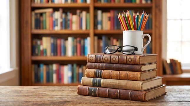 Teachers day appreciation stack of vintage books glasses and colorful pencils education concept