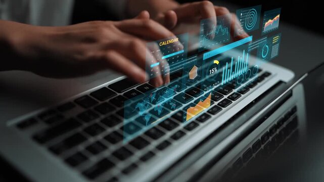 Hands on Laptop Keyboard with Digital Data Analytics, Charts and Graphs Flowing above, Demonstrating Business Technology and Modern Data Interaction. Entropy.