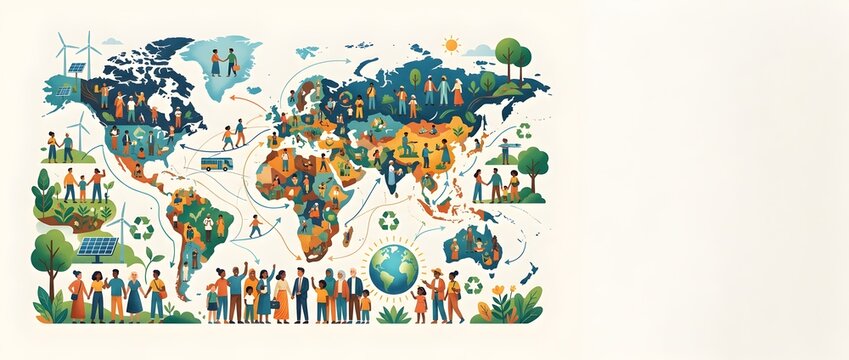 Global map illustration with diverse people and sustainable environment