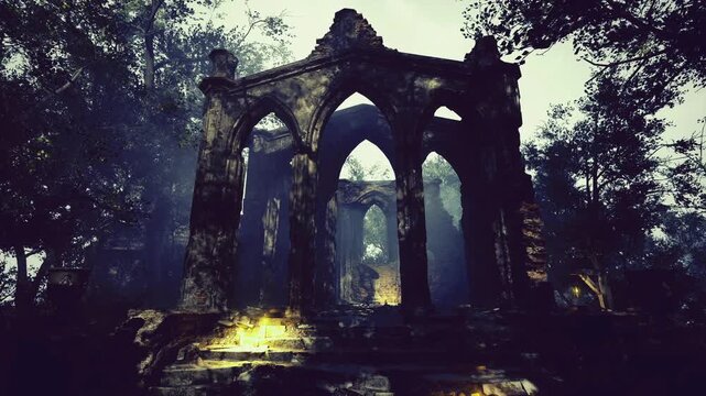 Ancient stone arches emerge from dense foliage as gentle light illuminates the forgotten structure. The scene evokes a sense of magic and mystery in the fading light of dusk.