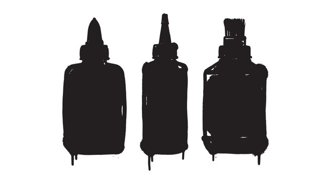 Three black silhouette bottles with different caps and ink drip effects isolated on a white background, for industrial or, artistic liquid container graffiti