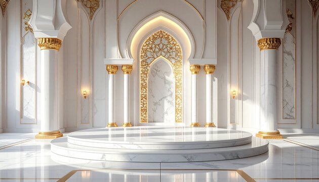 Luxurious white marble mosque interior with gold accents and arches