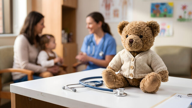 A Child's First Doctor's Visit Teddy Bear and Stethoscope on Desk