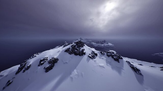 snowy approach under high cloud with rocky bands and steep slopes, composition suggests planning of technical climb or ski route with palpable challenge vibe.