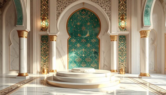 Islamic mosque interior with ornate archway and columns