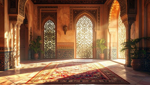 Ornate moroccan interior with arched doorways and patterned rug