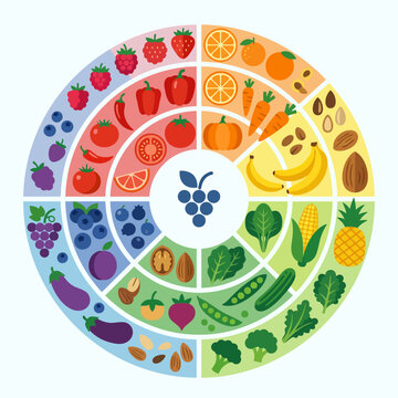 A colorful wheel chart displaying healthy fruits and vegetables