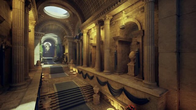 golden ceremonial corridor with vaulted dome, long carpeted aisle, ornate pilasters, filtered skylight, warm gilded tones, processionready atmosphere