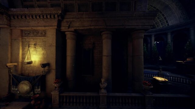 dimly lit marble atrium with lion statue, candlelight and mosaic steps creating solemn ceremonial atmosphere, conservator staging ritual props and cataloging
