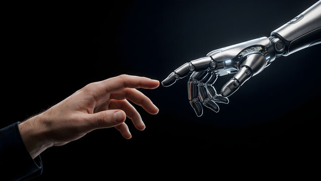 Human and robotic hands reaching to touch in concept of artificial intelligence