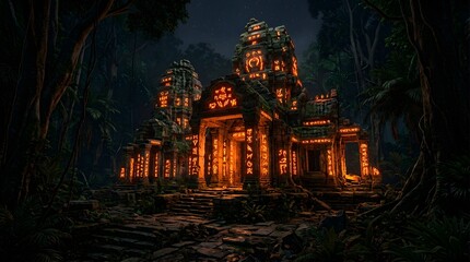 Fototapeta premium Ancient stone temple glowing with mystical orange symbols in night jungle