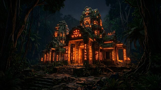 Ancient stone temple glowing with mystical orange symbols in night jungle