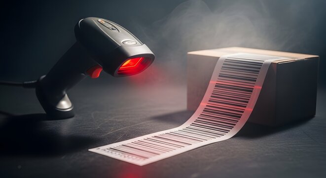 Barcode scanner scanning code label.
