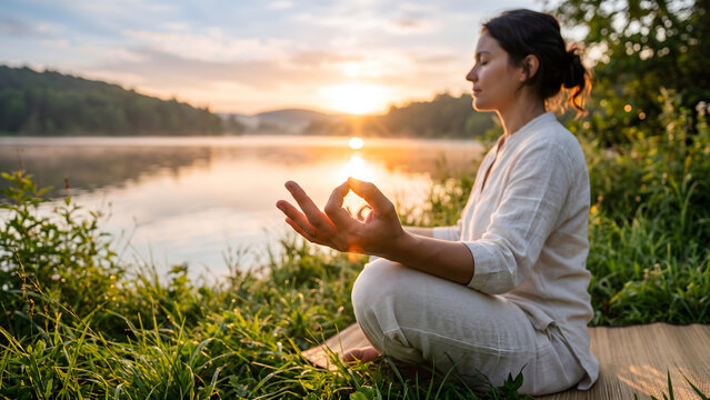 Woman meditating peacefully by a calm lake at sunset for mindfulness and wellness