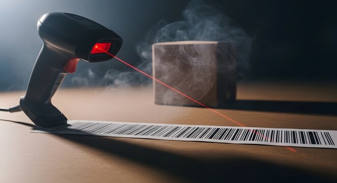 Barcode scanner scanning code label.
