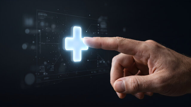 Futuristic Healthcare Concept With Digital Medical Plus Icon And Human Touch