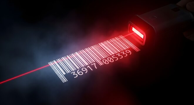 Barcode scanner scanning code label.
