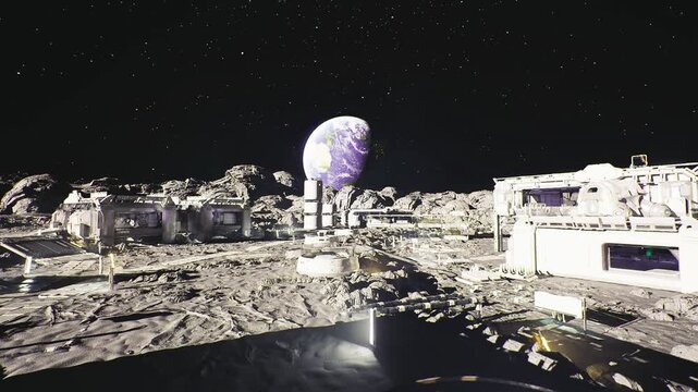 Lunar outpost modules beneath purple Earth, robotic rover near solar panels, regolith pathways, reflective dome clusters, supply containers staged