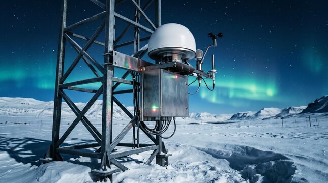 Weather monitoring scientific instrument tower with sensors in arctic snowfield under vibrant aurora for environmental study and climate data acquisition.