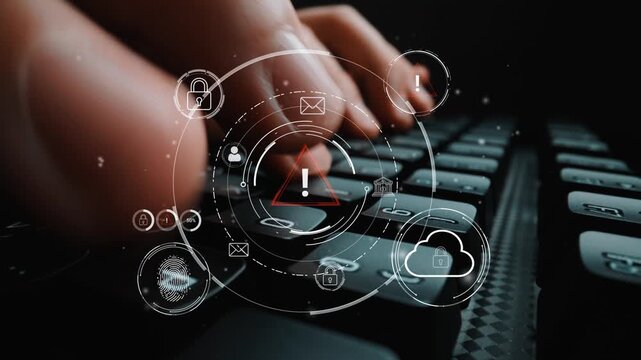 Hands Typing on a Keyboard with Digital Security Icons and Warning Symbols Representing Cybersecurity Threats and Data Protection Concepts. Entropy.