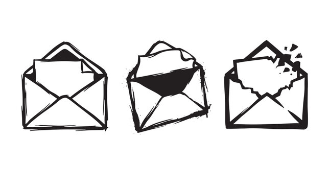 Three hand drawn envelopes with paper inserts, including one open, one shaded, and one with a torn edge on a graffiti white background