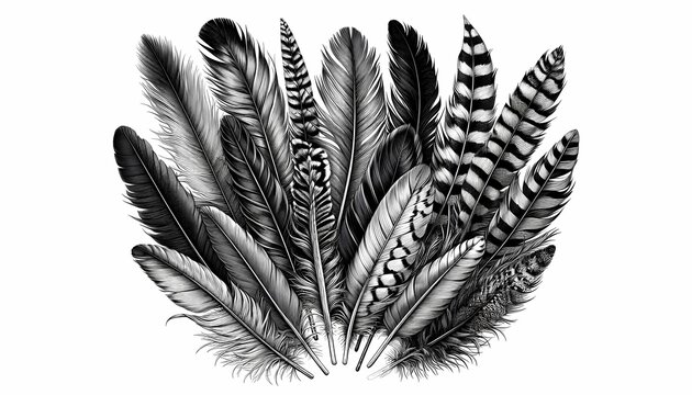 A monochrome graphic border with detailed feather illustrations creating a pattern of light and shadow, Ai generated image