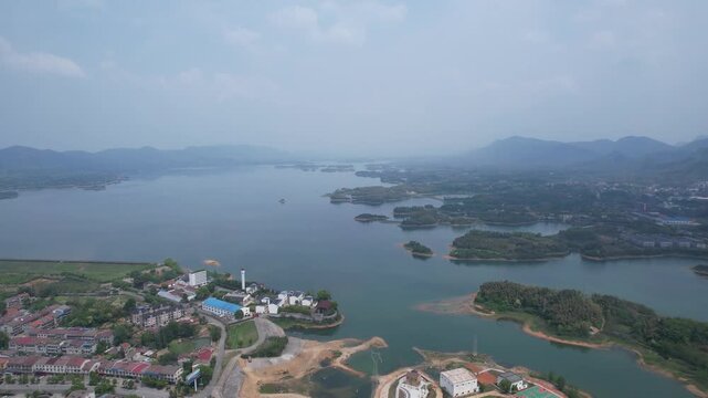 4K Aerial Drone Footage of Full Panorama of Lushui Lake 5A Scenic Area, Xianning, Hubei