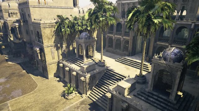 sunlit stone palace terrace lined with towering palms, carved archways and weathered staircase descending into sundrenched courtyard, warm golden light casting