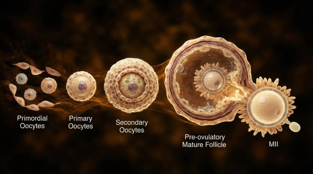 The different stages of human oocyte development, highlighting key phases in the lifecycle of an egg cell.