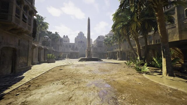 sunlit wet plaza with reflective puddles, glistening cobbles capture sky and obelisk mirror, palm silhouettes line quiet arcades, warm morning glow and subtle