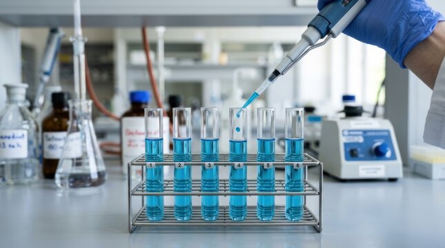 A scientist carefully adds blue liquid to a series of test tubes using a pipette. The scientist wears a blue glove and a lab coat.