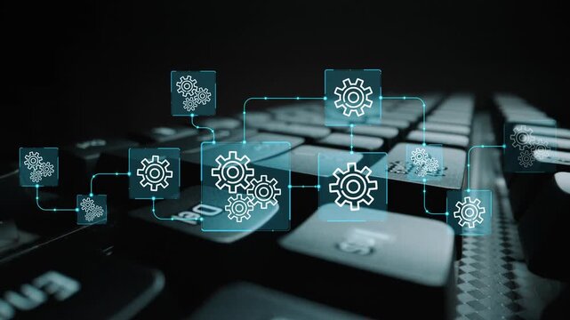 Abstract representation of technology integration showcasing gears and digital connections over a keyboard with a dark background and a modern aesthetic. Entropy.