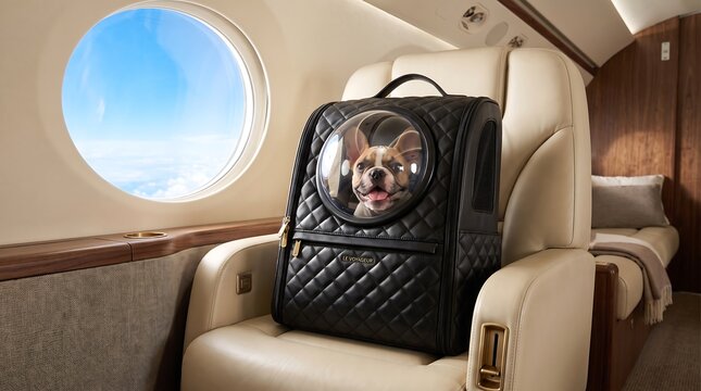 Small French bulldog puppy looking out from a luxury black leather pet carrier backpack on a private jet seat.