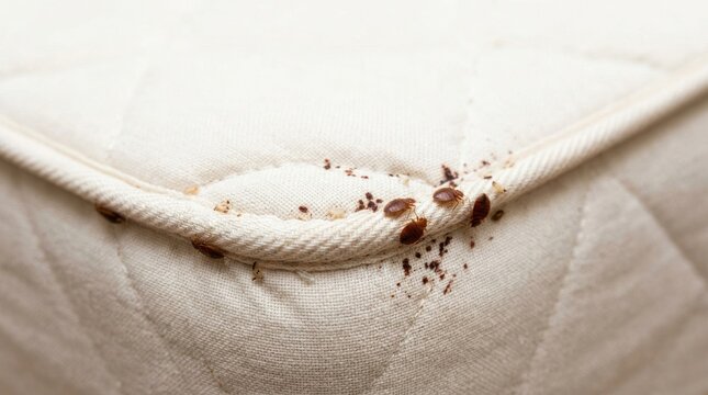 A close-up shot reveals a mattress covered in live bed bugs. The bugs are brown and small, clustered together on the fabric.