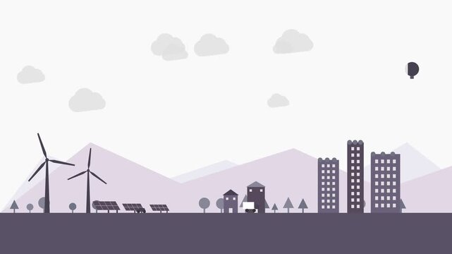 Sustainable city skyline with wind turbines and solar panels in flat design