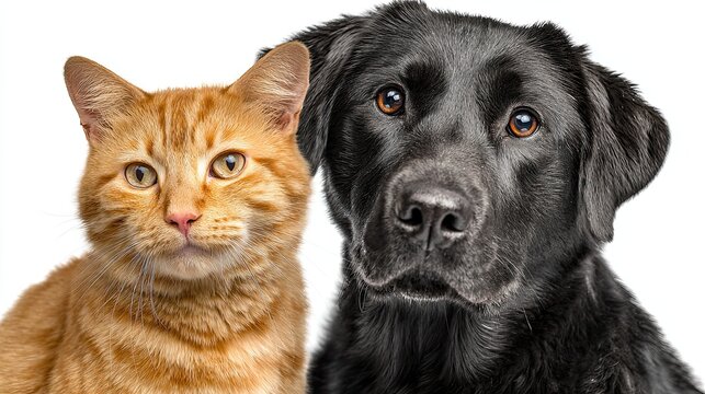 Orange tabby cat and chocolate labrador lying side by side in white studio, cute pet cat and dog portrait, pet food supplies commercial promotional PPT design material