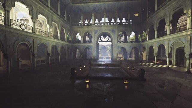 ornate ottoman hammam interior, candlelight glowing over central marble platform, carved arches framing shadowed alcoves, patterned tilework and mosaic details,