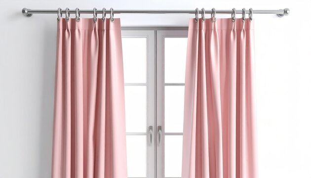 Soft pink curtains frame a window with white mullions