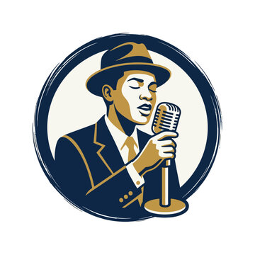 A stylized illustration of a vintage jazz singer performing into a microphone
