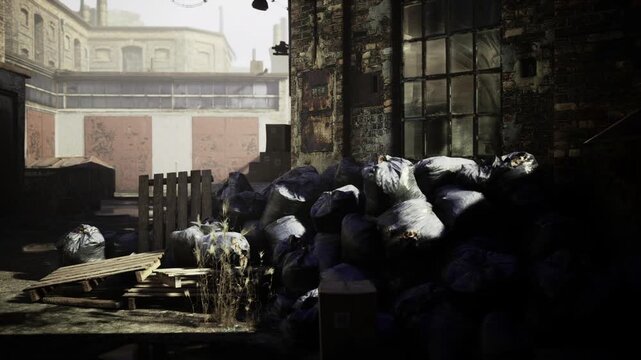 scavenger supply heap near broken glass and boarded window, stacked sacks, scrap boards and soft diffuse light suggesting human reuse of abandoned space.