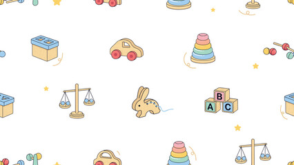 Fototapeta premium Cute Wooden Baby Toys Seamless Pattern Background with Car, Pyramid Tower, ABC Blocks, and Scale Icons for Nursery Wallpaper and Children Textile Designs